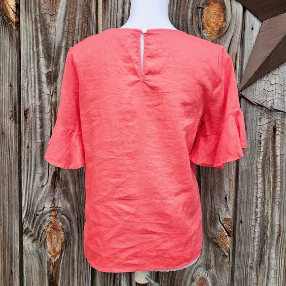 Ruffle Sleeve 100% Linen Blouse For Cynthia Size S Coral Bright Spring Top Shirt - Picture 4 of 9